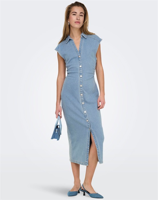 OnlBabe Capsleeve Midi Kjole - Light Blue Denim